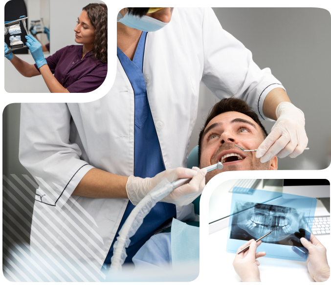 Collage of dental care activities featuring a dental assistant preparing tools, a dentist examining a male patient's teeth, and a professional analyzing a dental X-ray.