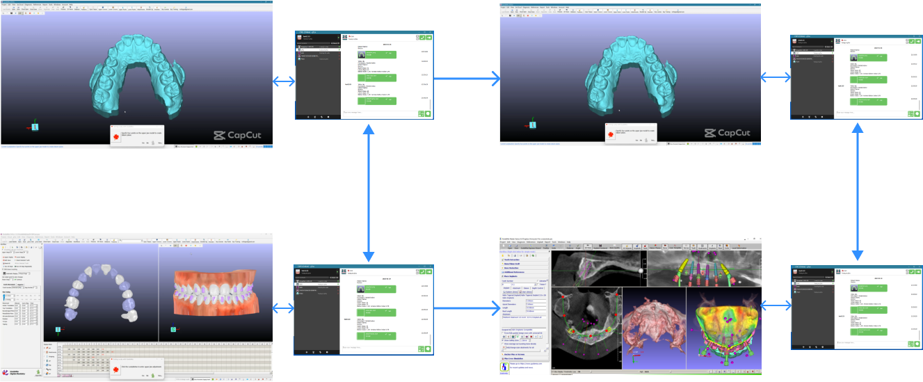 Sequence of screenshots showing dental 3D modeling and imaging workflow. The images display 3D renderings of dental arches and CBCT scans, with software interfaces displaying tasks and diagnostic tools.