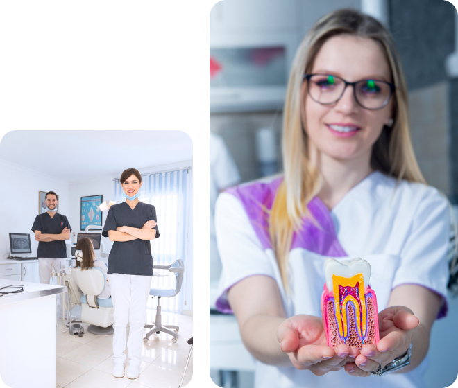 A young dentist holding a model of teeth, surrounded by dental tools. Two dentists stand with folded arms in the background, with a patient sitting in the dental chair. Text overlay reads: "Precision in Practice: Every tooth tells a story. With skill and dedication, we strive to create smiles that inspire confidence and transform lives. #DentalCare #SmileMakeover"