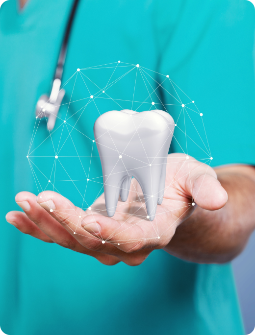 Dentist holding a digital 3D model of a tooth surrounded by a network of connected points, symbolizing advanced dental technology.