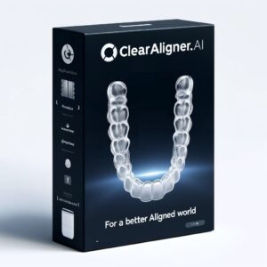 Product box for ClearAligner.AI featuring a transparent image of dental aligners and the slogan 'For a better Aligned world'.