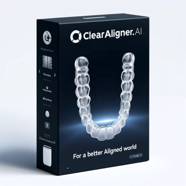 Product box for ClearAligner.AI featuring a transparent image of dental aligners and the slogan 'For a better Aligned world'.
