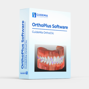 Software box for OrthoClic by GuideMia Technologies, displaying a detailed 3D model of human teeth with orthodontic brackets.