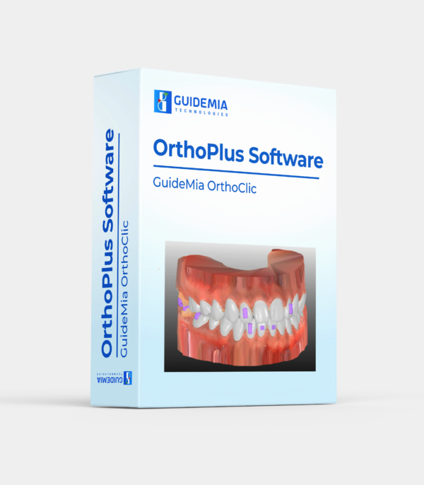 Software box for OrthoClic by GuideMia Technologies, displaying a detailed 3D model of human teeth with orthodontic brackets.