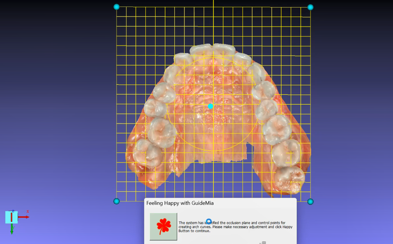 Screenshot of dental software interface featuring a 3D model of teeth with a grid overlay for adjustment and a notification box saying 'Feeling Happy with GuideMia'." Title: "GuideMia Dental Software Interface