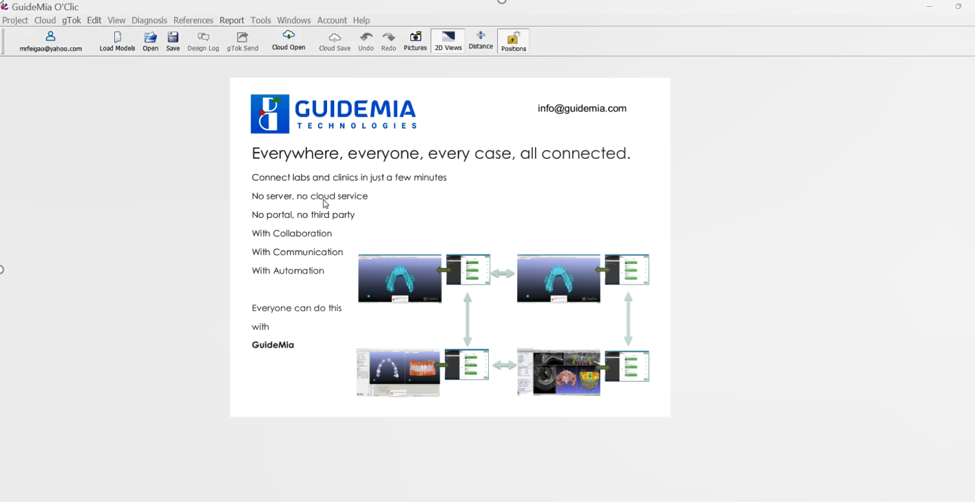 Promotional material for GuideMia software, emphasizing the connectivity across dental workflows with the tagline 'Everywhere, everyone, every case, all connected.